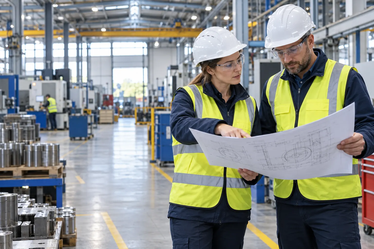 Illustration of safety professionals reviewing workplace plans in a manufacturing environment